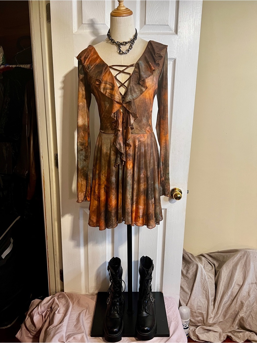 Julia Wms Brown Sheer Mesh Floral Leaf Print Ombré Ruffle Fairy Grunge Mini Dres